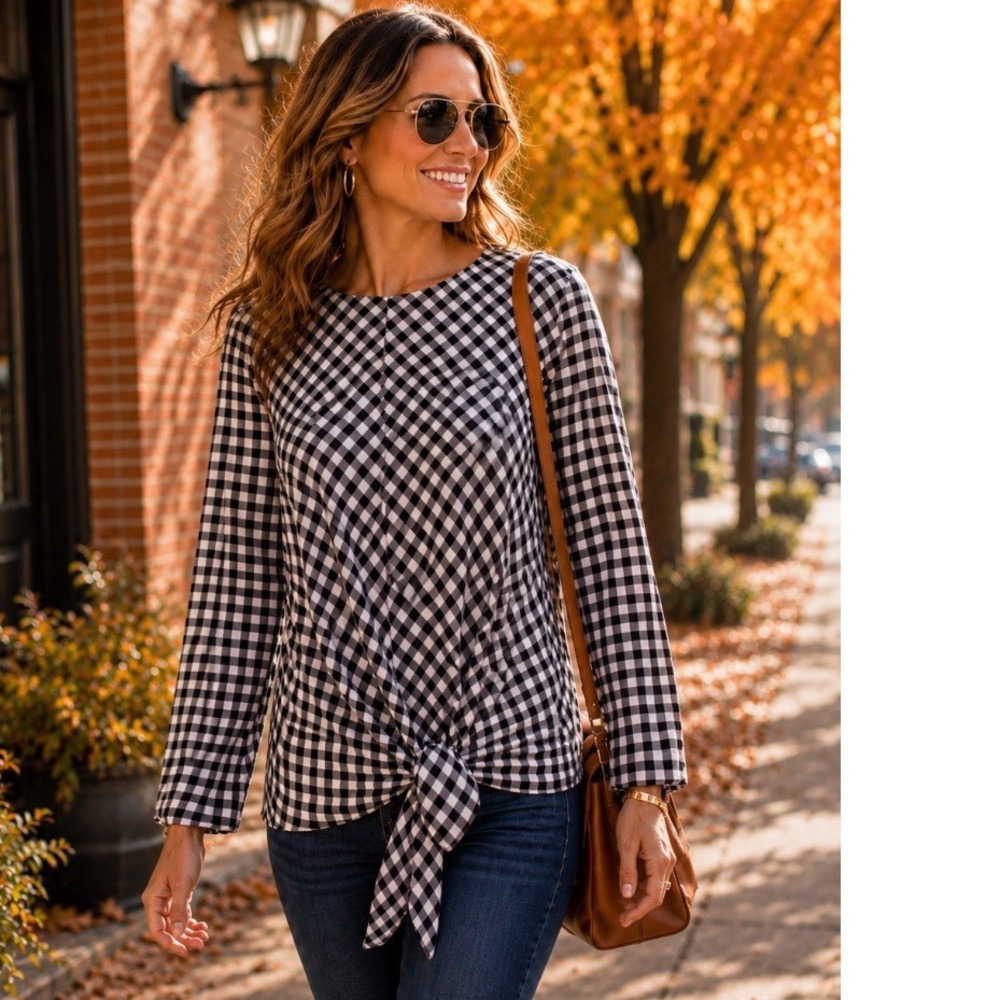 Velvet Heart Black White Gingham Check Front Tie Long Sleeve Top sz m